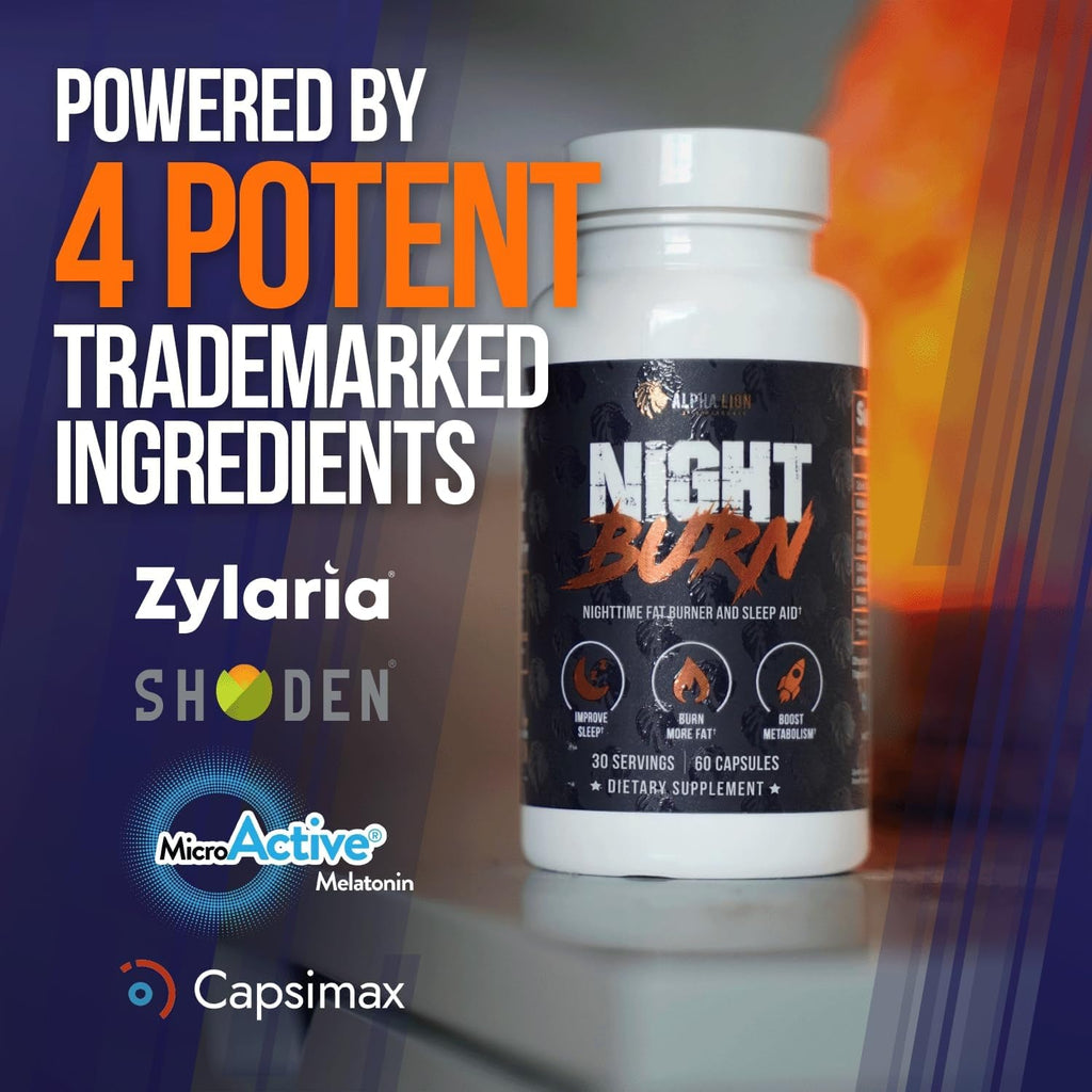 ALPHA LION Night Burn, Metabolism Booster for Weight Loss, Less Body Fat, More Muscle, Promotes Lean Body, Calorie Burning Supplement, Relax Better, Promote Healthy Cortisol (60 Capsules)