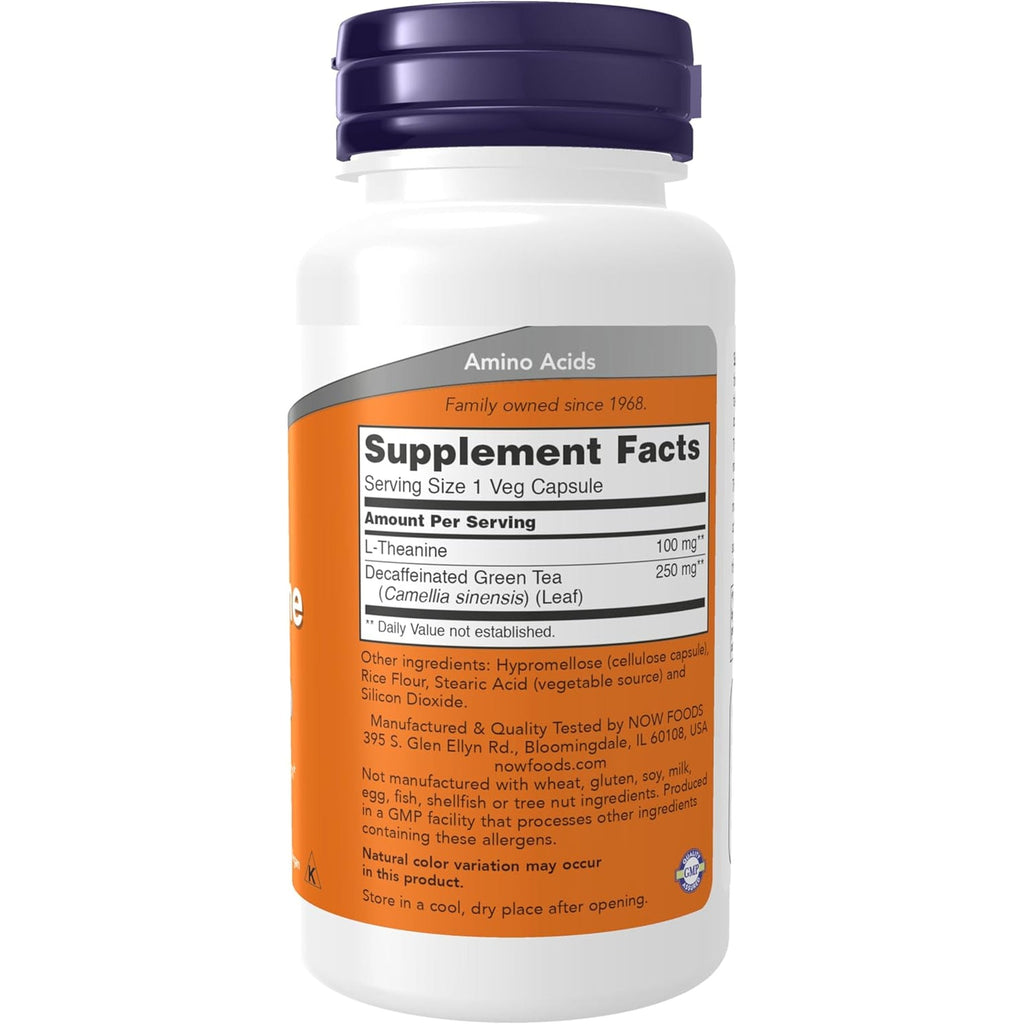NOW Foods Supplements, L-Theanine 100 Mg with Decaf Green Tea, Stress Management*, 90 Veg Capsules