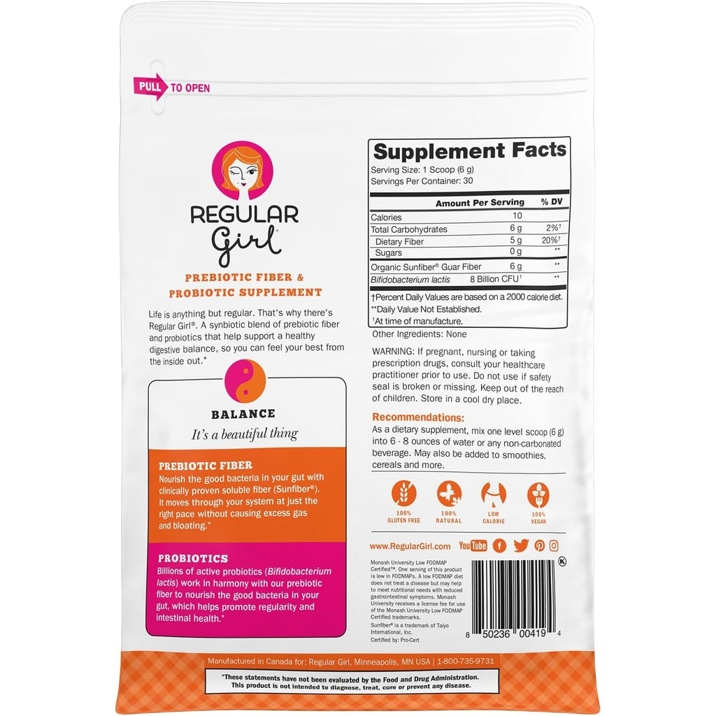 Regular Girl Organic Powder, Prebiotic Fiber Supplement and Probiotics for Women, Low FODMAP, 30 Servings, Unflavored