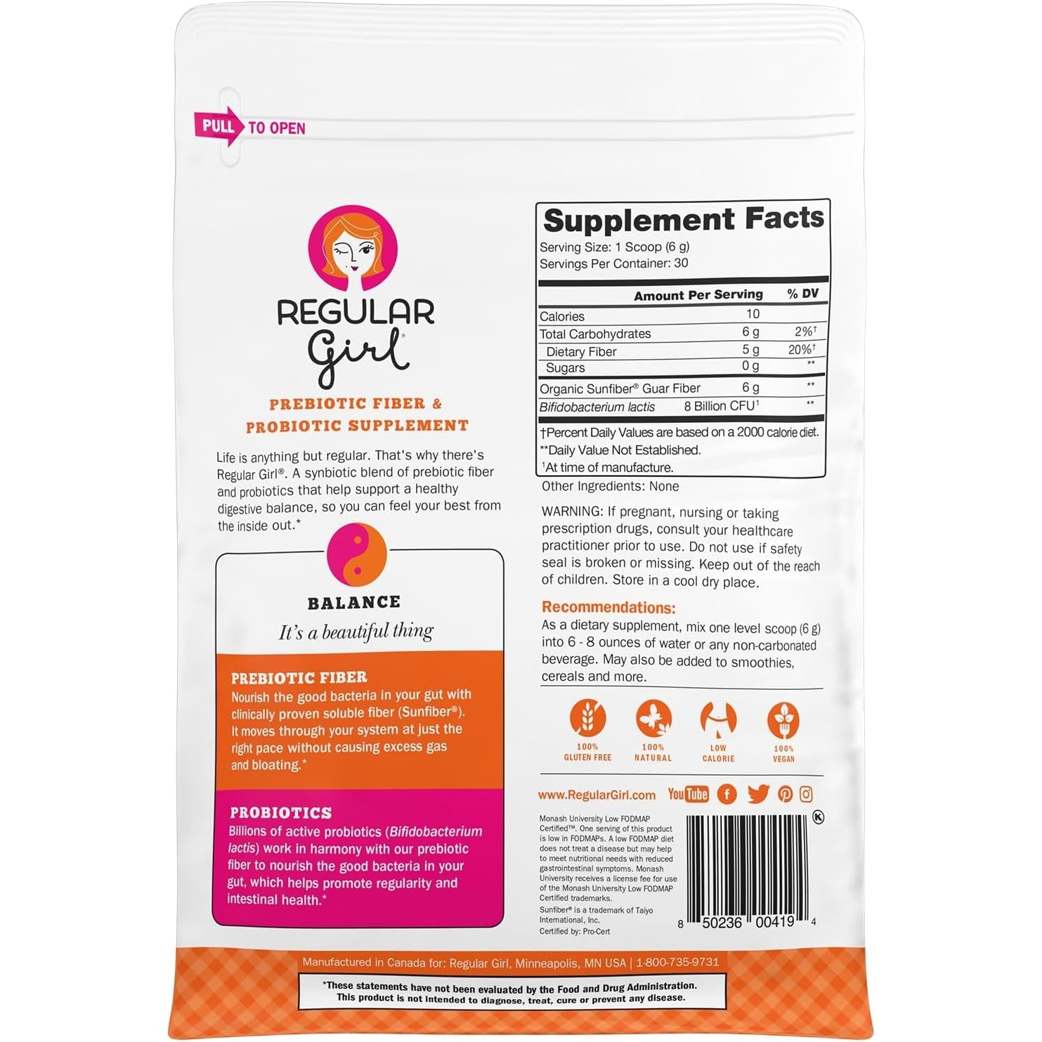 Regular Girl Organic Powder, Prebiotic Fiber Supplement and Probiotics for Women, Low FODMAP, 30 Servings, Unflavored