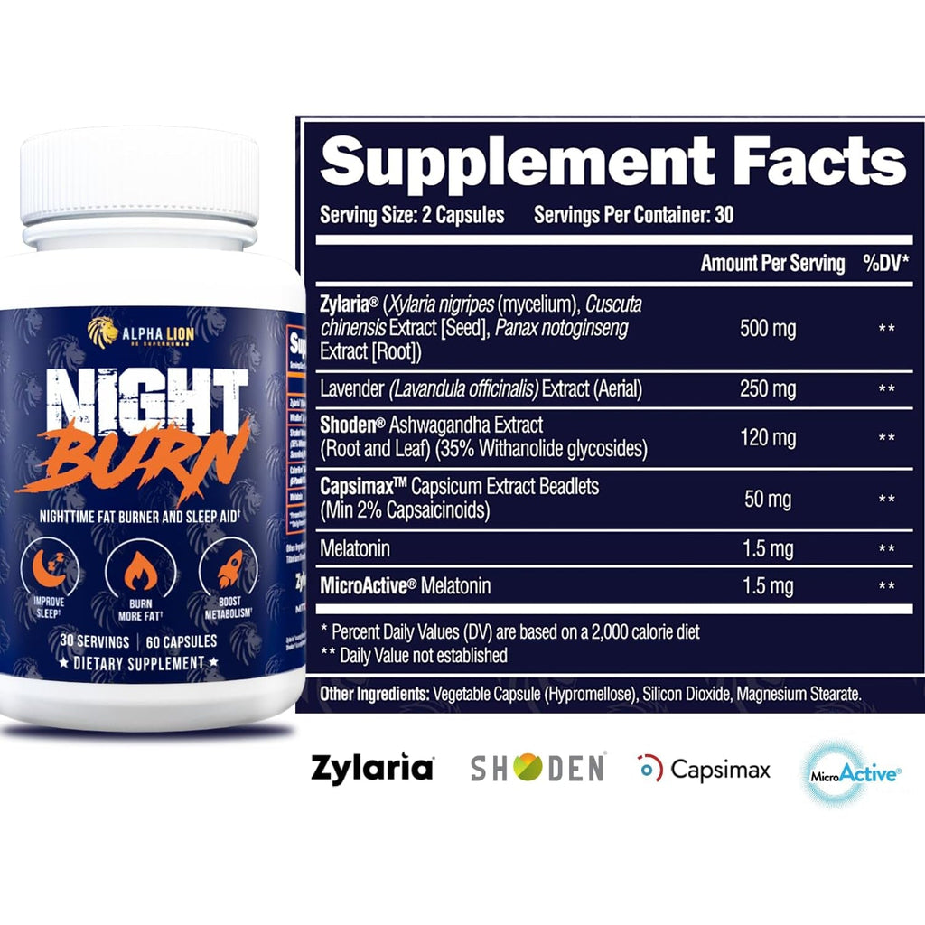 ALPHA LION Night Burn, Metabolism Booster for Weight Loss, Less Body Fat, More Muscle, Promotes Lean Body, Calorie Burning Supplement, Relax Better, Promote Healthy Cortisol (60 Capsules)