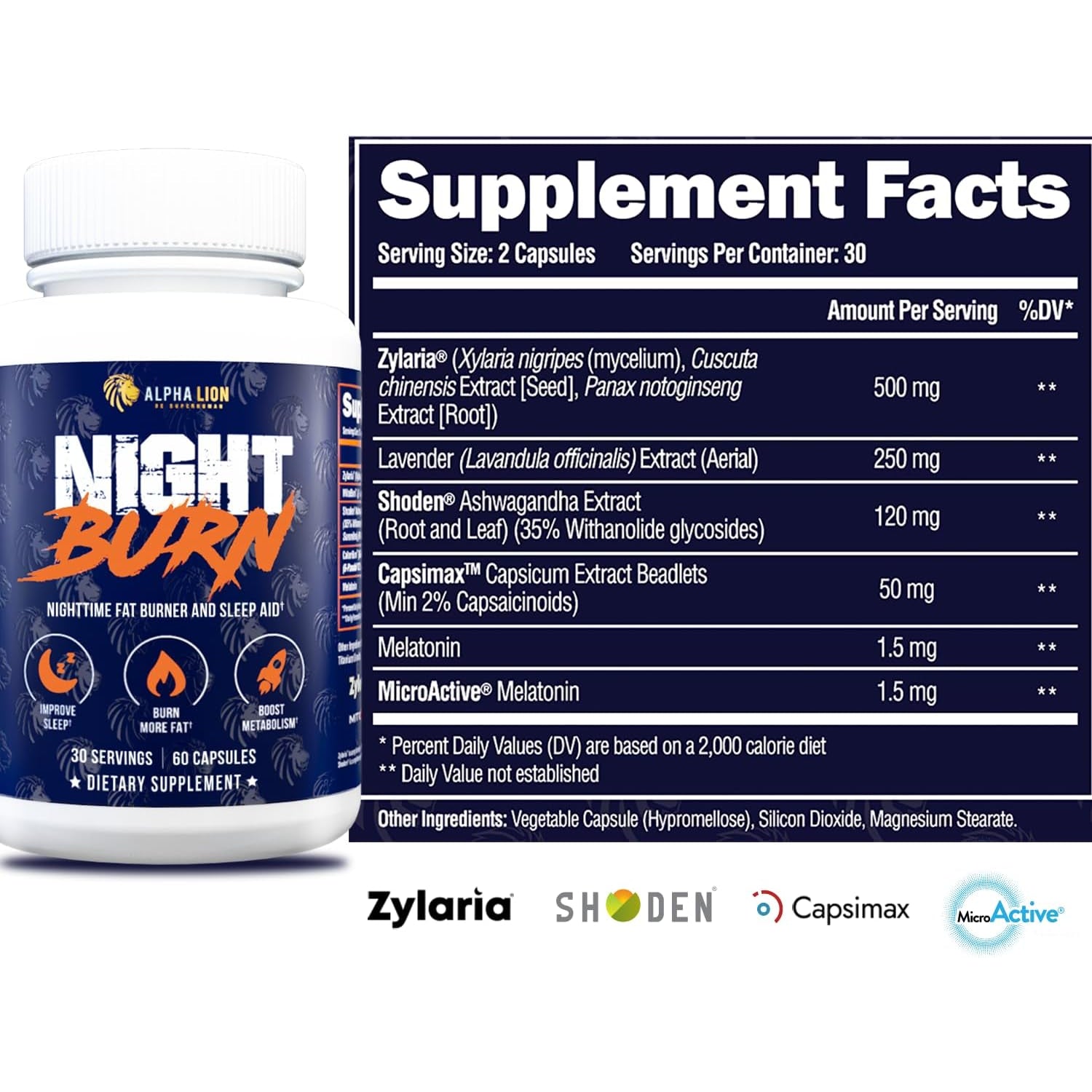 ALPHA LION Night Burn, Metabolism Booster for Weight Loss, Less Body Fat, More Muscle, Promotes Lean Body, Calorie Burning Supplement, Relax Better, Promote Healthy Cortisol (60 Capsules)