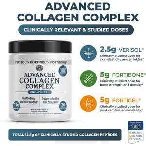 Advanced Collagen Complex Powder – VERISOL®, FORTIBONE®, & FORTIGEL® for Hair, Skin, Bone & Joint Support – Clinically Studied Ingredients – Grass-Fed Hydrolyzed Collagen Peptides – 30 Servings