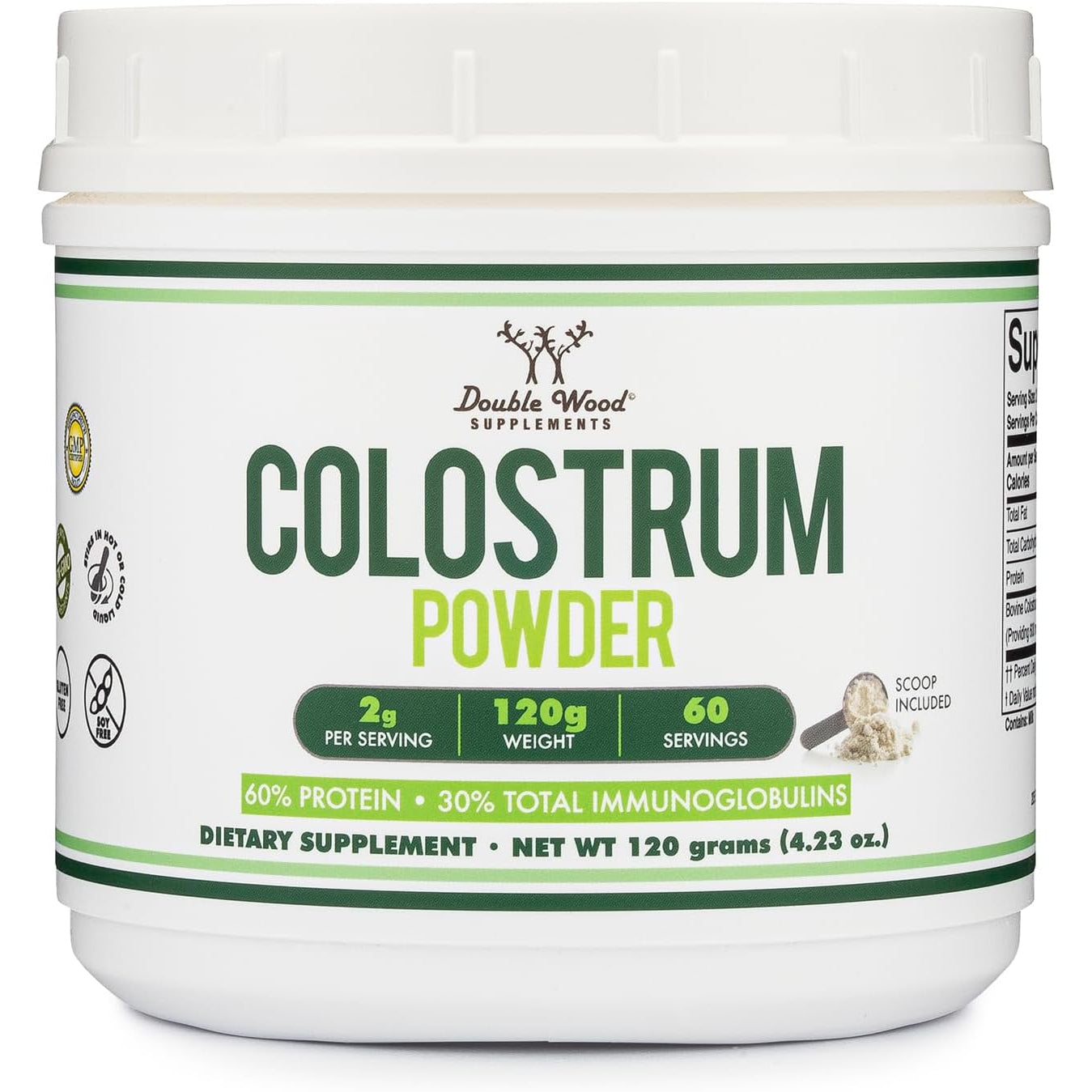 Double Wood Supplements Bovine Colostrum Powder for Women and Men, for Gut Health, Skin & Hair, Immune Support (120 Grams, 60 Day Supply - Standardized to 30% Total Immunoglobulins and 60% Protein)