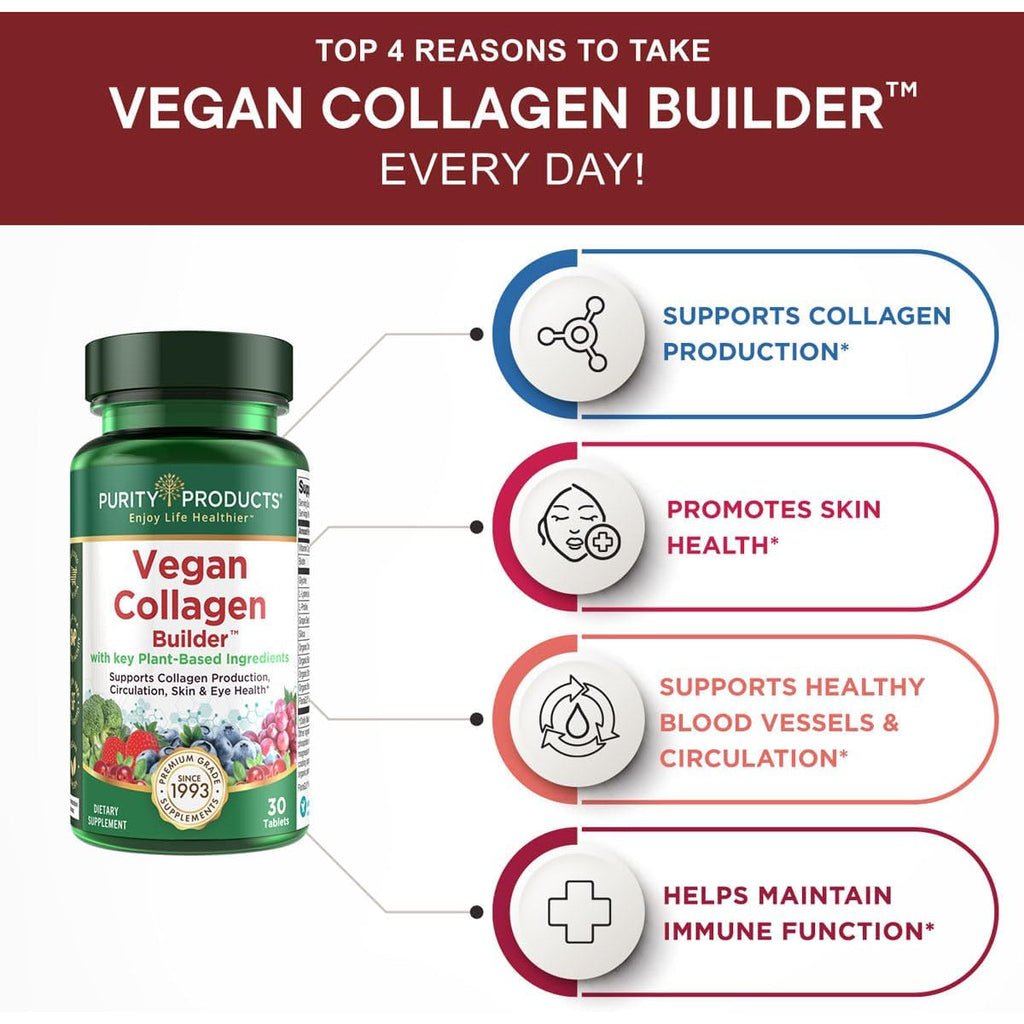 Vegan Collagen Builder - Organic Whole Foods Fruits + Veg, Silica, Lutein, Vitamin C, Biotin, Grape Seed - Amino Acids Glycine, Lysine + Proline Collagen Boosters (30 Servings, Tablets)