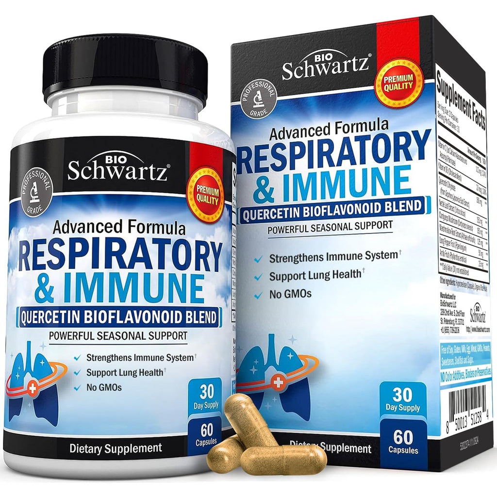 Respiratory & Immune Lung Support Supplement with Quercetin, Vitamin D & Cordyceps, Helps Soothe Respiratory Tissues While Loosening Mucus, Lung Health Vitamins for Women & Men, 60 Capsules