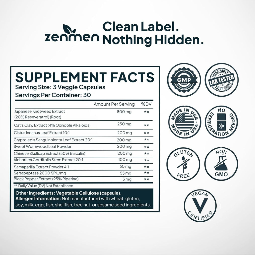 Zenmen Tick Immune Support Supplement - Improved Formula - Japanese Knotweed, Cat'S Claw, Chinese Skullcap, Cryptolepis Sanguinolenta, Sweet Wormwood - 90 Vegan Capsules, Made in the USA