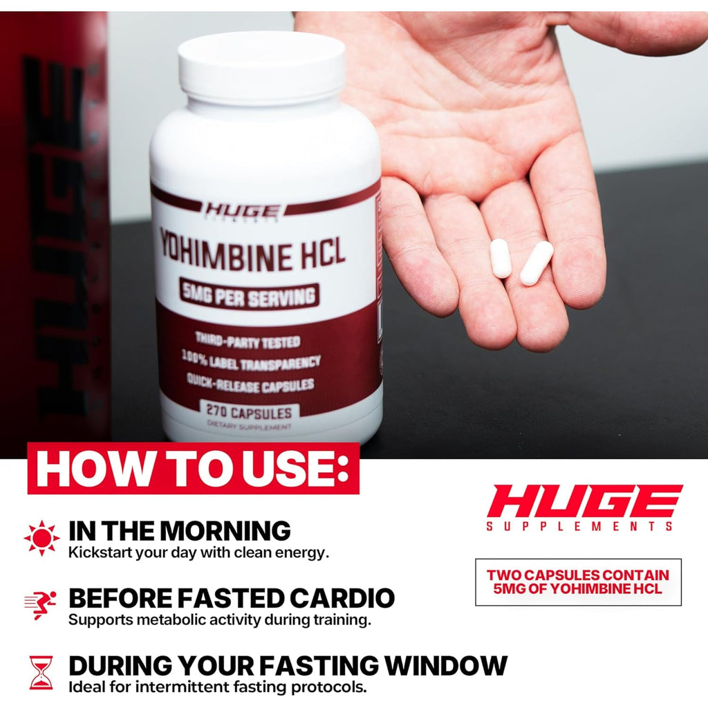 Huge Supplements Yohimbine Hcl 5Mg, Third Party Tested, Fat Loss & Energy Support, Advanced Performance Formula for Body Recomposition - 270 Veg Capsules