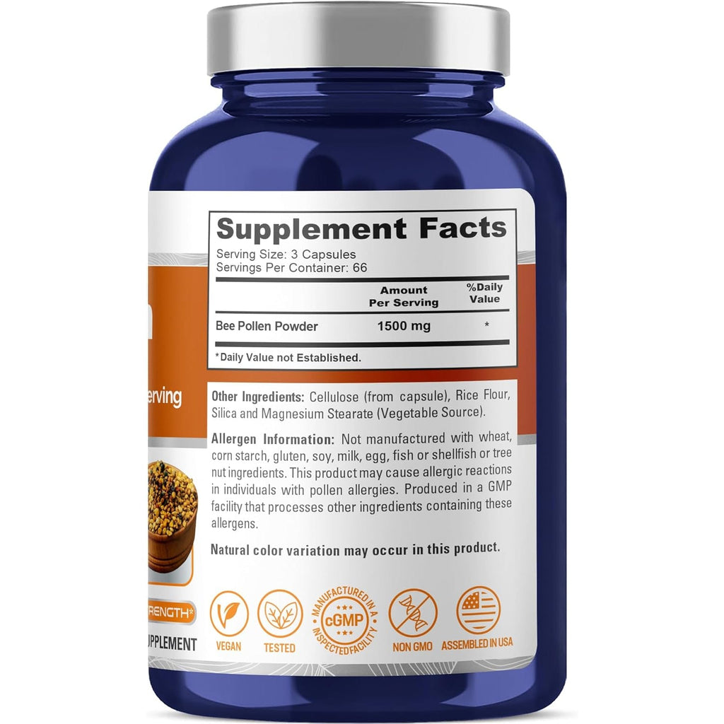 Nusapure Bee Pollen 1500Mg 200 Veggie Caps (100% Vegetarian, Non-Gmo, Vegan) Naturally Occurring Proteins, Aminoacids
