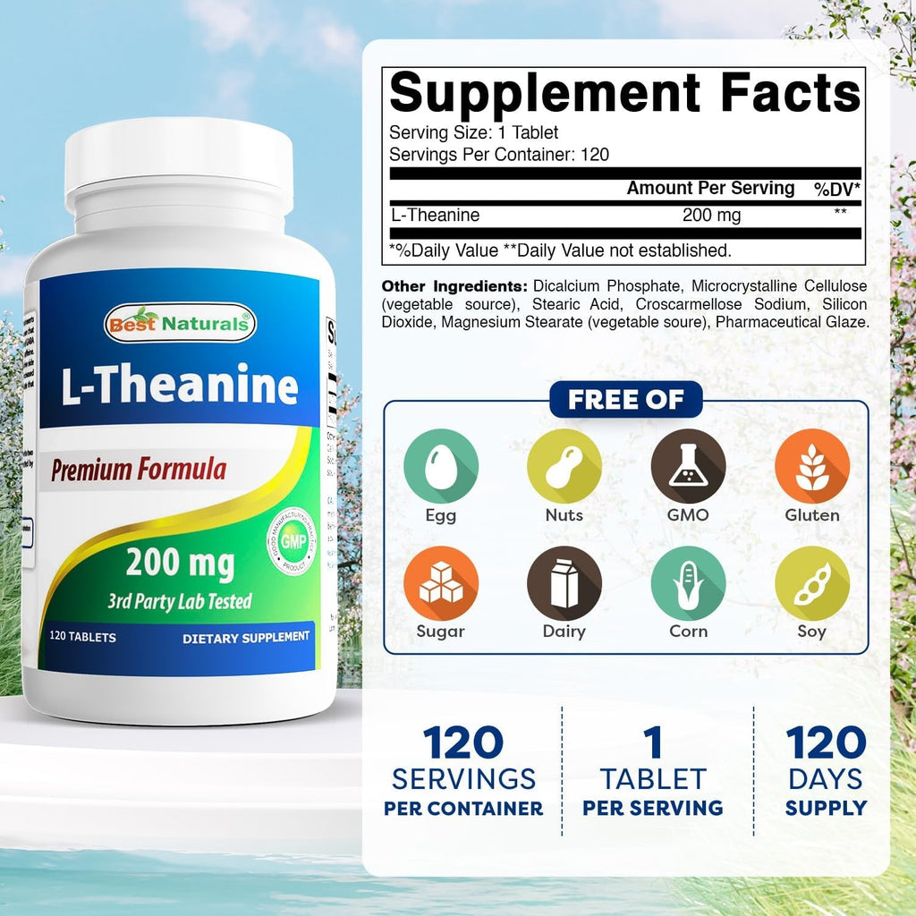 Best Naturals L-Theanine 200Mg per Tablet (400Mg per 2 Tablets) - Promotes Relaxation without Drowsiness - 120 Vegetarian Tablets - (120 Count (Pack of 1))