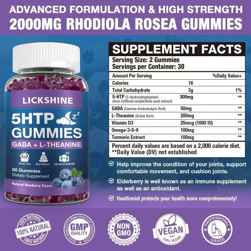 2 Pack 300MG 5-HTP GABA Sleep Supplement Gummies with 200Mg L-Theanine Supplement for Brain, Mood Stabilizer and Sleep Support, Melatonin-Free, Omega 3-6-9 for Natural Zzzs, Blueberry Flavor