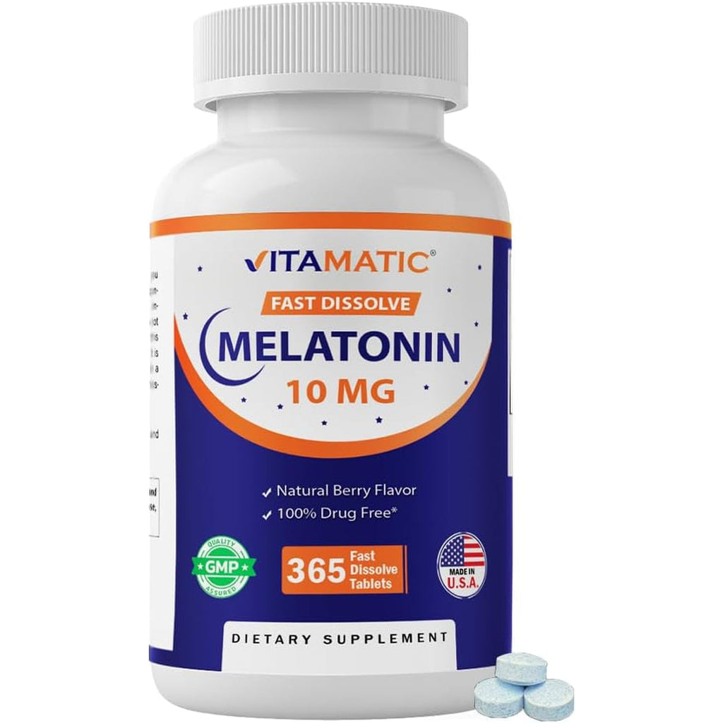 Vitamatic Melatonin 10 Mg Fast Dissolve Tablets – Quick-Dissolving Sleep Support Supplement for Adults – Vegetarian, Non-Gmo & Gluten-Free – Natural Berry Flavor – 365 Tablets