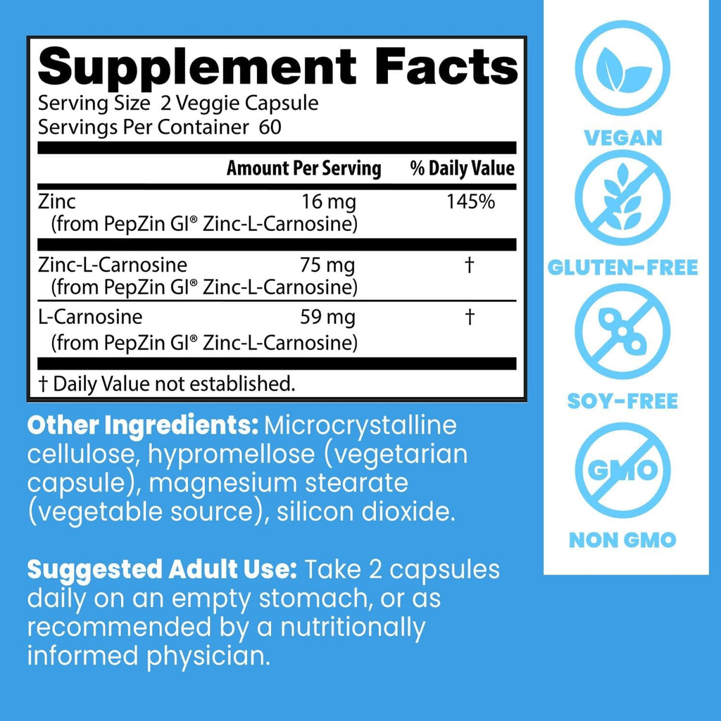Doctor'S Best Pepzin GI, Zinc-L-Carnosine Complex for Men & Women - Zinc Carnosine Supplement Caps for Gut Health, Digestive Support, & Stomach Comfort, Vegan, Gluten Free - 120 Veg Capsules