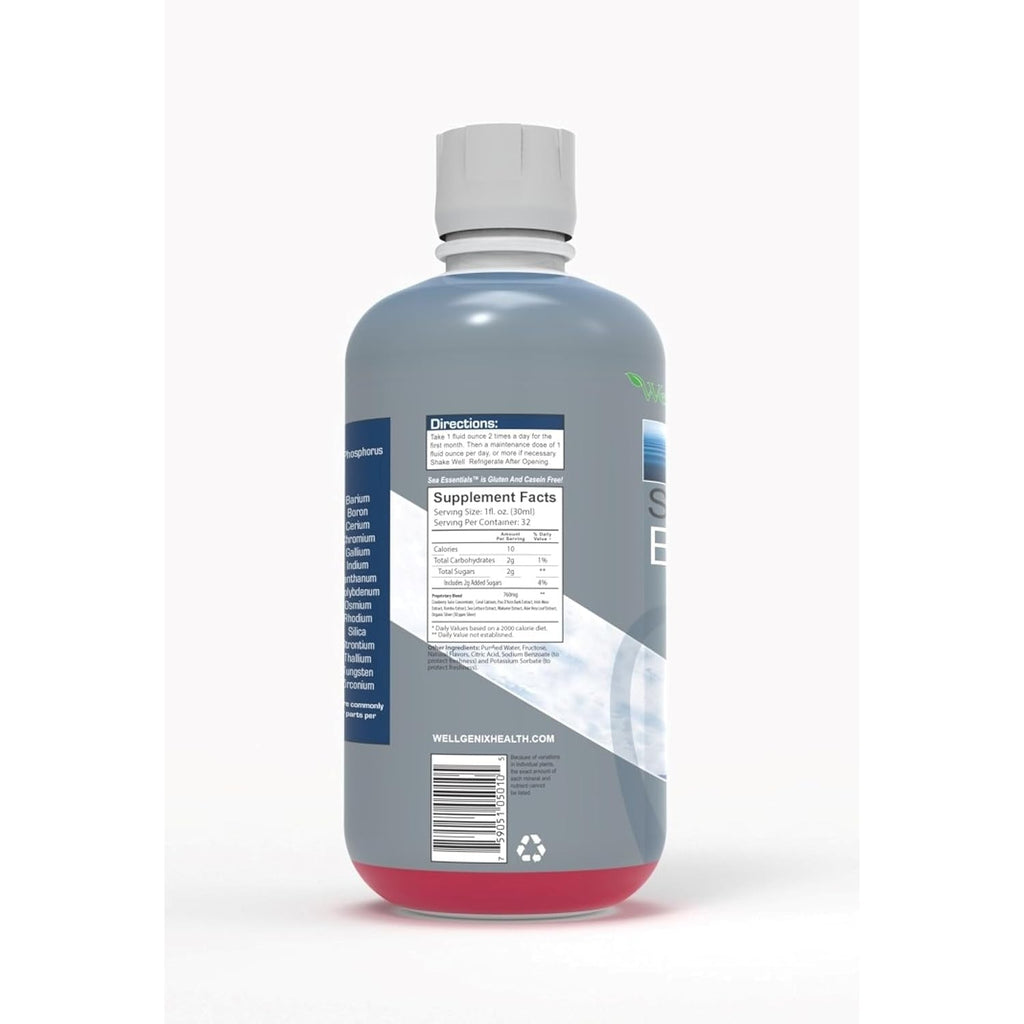 Wellgenix Sea Essentials Liquid Mineral Dietary Supplement with Trace and Macro Minerals and Coral Calcium – Sea Berry Flavor – 32 Fl Oz