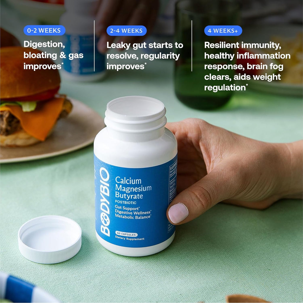 Bodybio Butyrate - Postbiotic for Gut Health, Digestive Support, Bloat, Gas & Constipation Relief, Leaky Gut Repair - Calcium, Magnesium + Butyric Acid Supplement for GI Wellness - 100 Capsules
