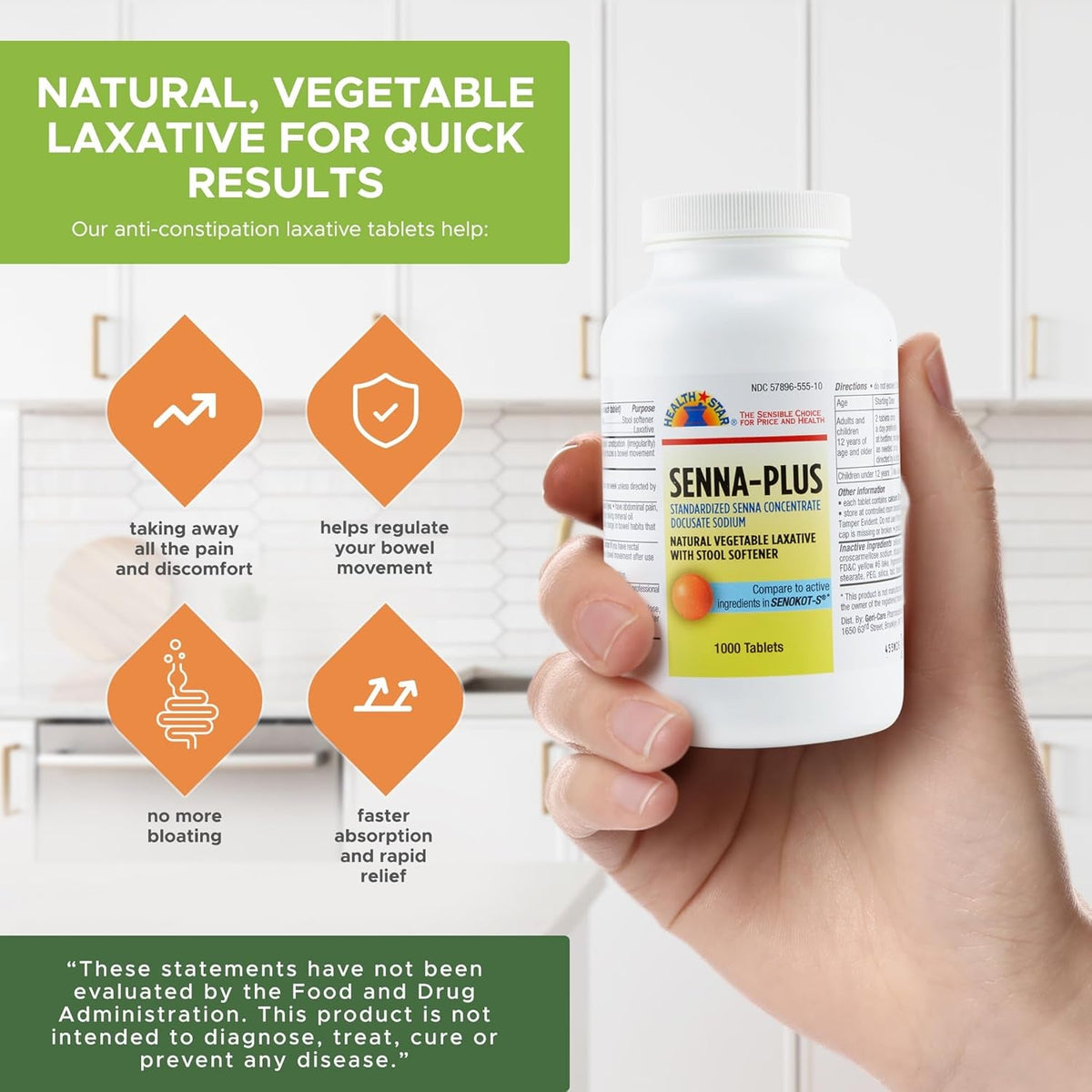 Health Star Senna plus Laxative & Stool Softener Tablets 50Mg / 8.6Mg Strength Natural Vegetable Stimulant Laxative| Gentle Constipation Relief| Docusate Sodium for Bowel Movement (1,000 Tablets