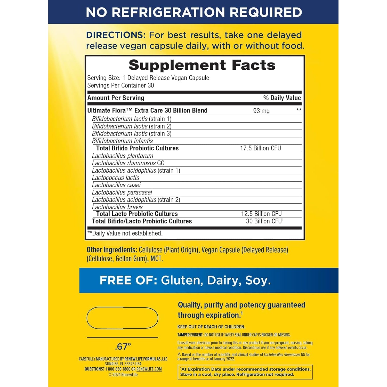 Renew Life Extra Care Digestive Probiotic Capsules, Daily Supplement Supports Immune, Digestive and Respiratory Health, L. Rhamnosus GG, Dairy, Soy and Gluten-Free, 30 Billion CFU, 30 Count