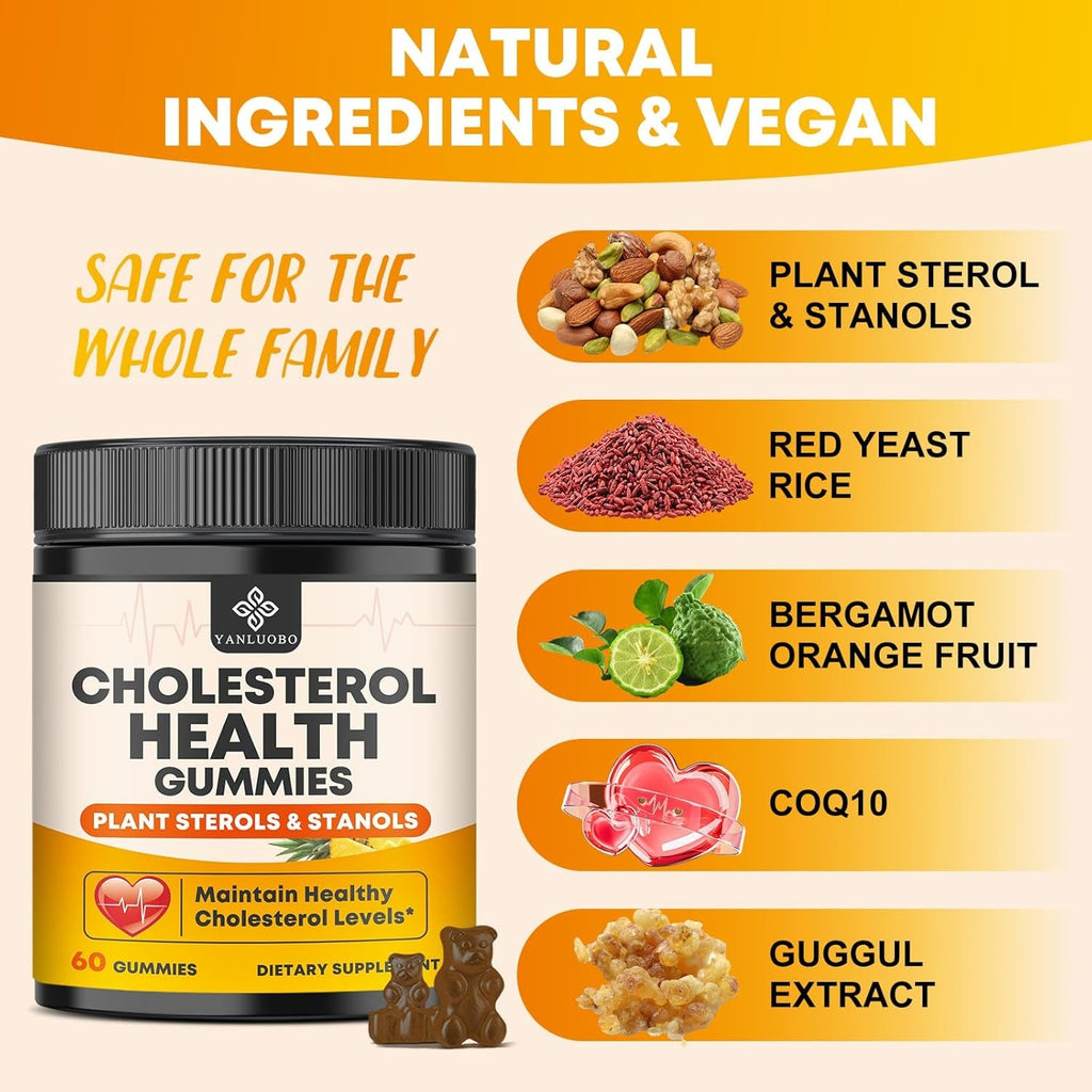 Cholesterol Supplements with 1200Mg Plant Sterols & Stanols, Guggul, Bergamot, Red Yeast Rice, Cholesterol Complex Gummies Support Healthy Cholesterol Levels, Pineapple Flavor, 60 Counts