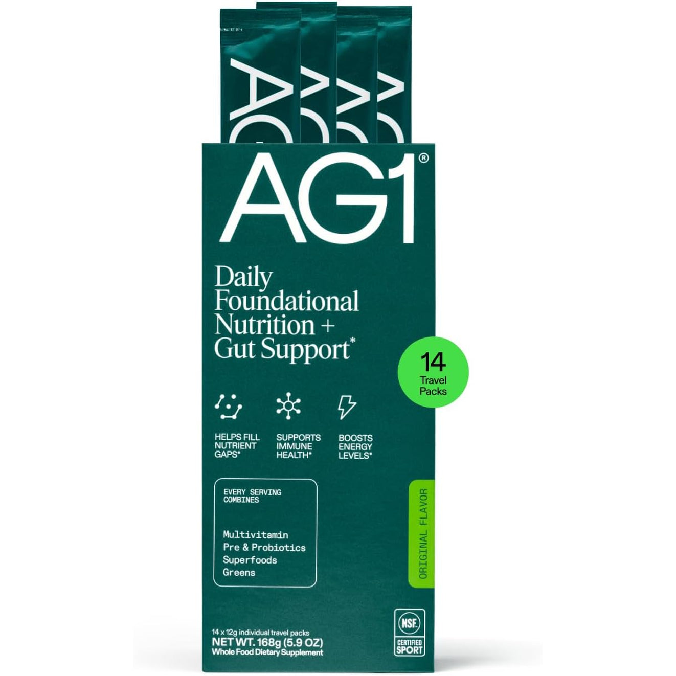 AG1 Athletic Greens Powder Supplement, Improve Gut Health, Multivitamin, Probiotic, Gluten Free, Vegan and Keto Friendly, 75 Vitamins (Travel Packs, 14 Count) - Classic Formula