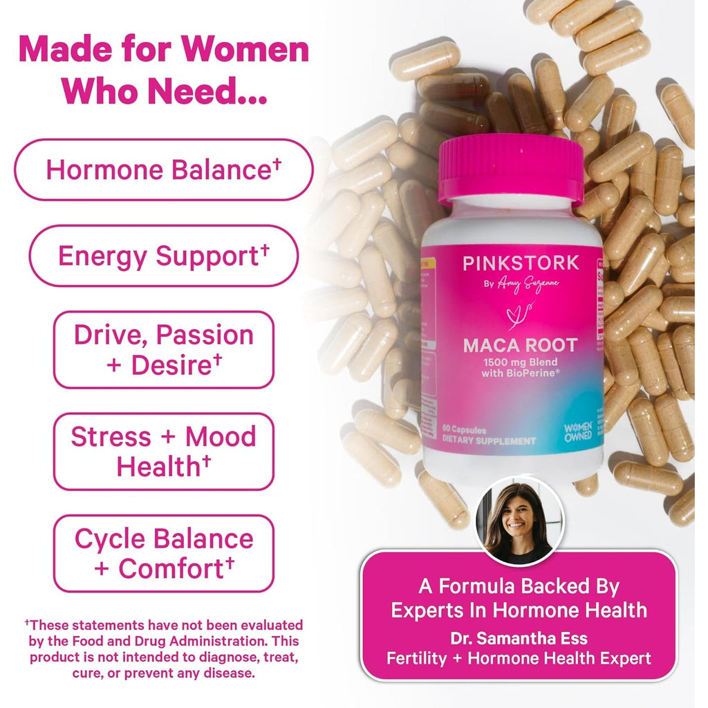 Pink Stork Maca Root Capsules for Women – Organic Maca with Bioperine® for Hormonal Balance, Energy + Wellness – Supports Perimenopause, Menstrual Health, and Vitality