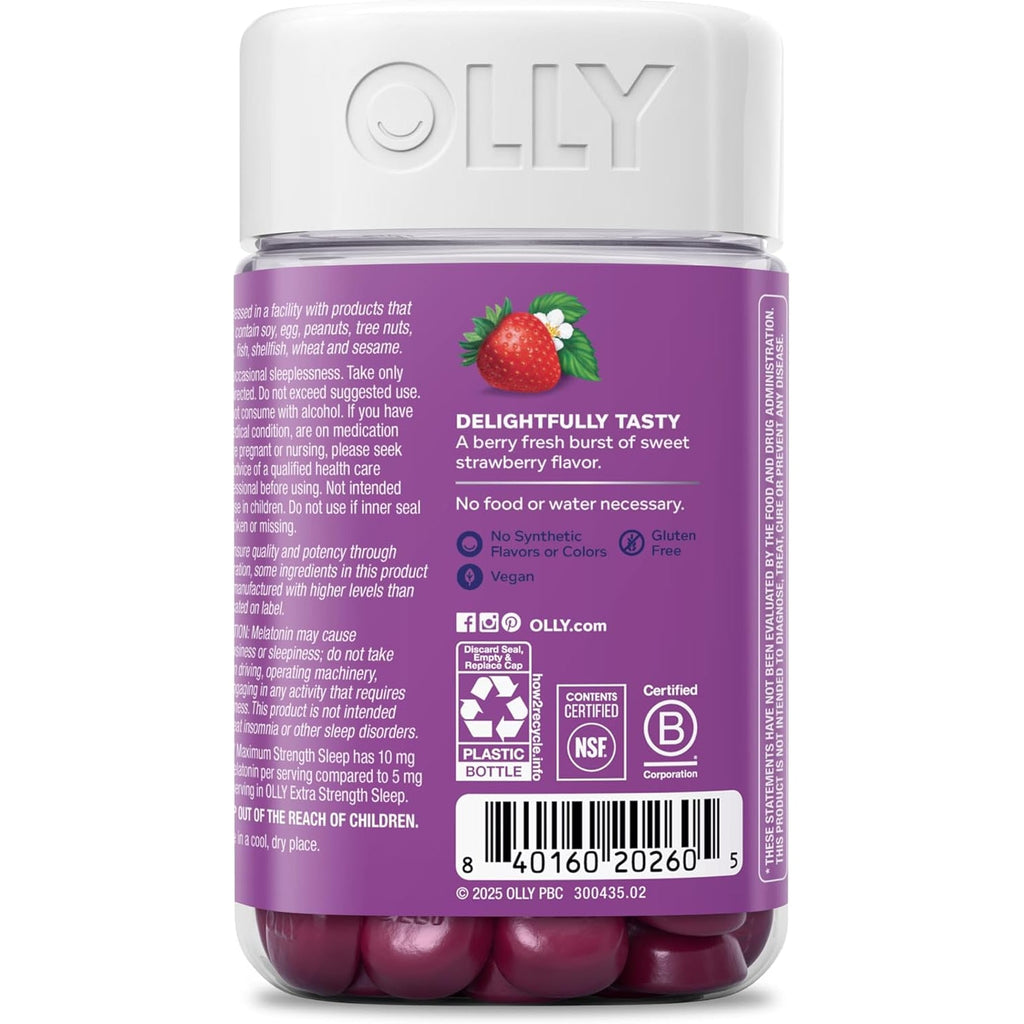 OLLY Max Strength Sleep Gummy, 10Mg Melatonin, L-Theanine, Chamomile, Lemon Balm, Sugar Free, Vegetarian Sleep Aid, Strawberry - 70 Count