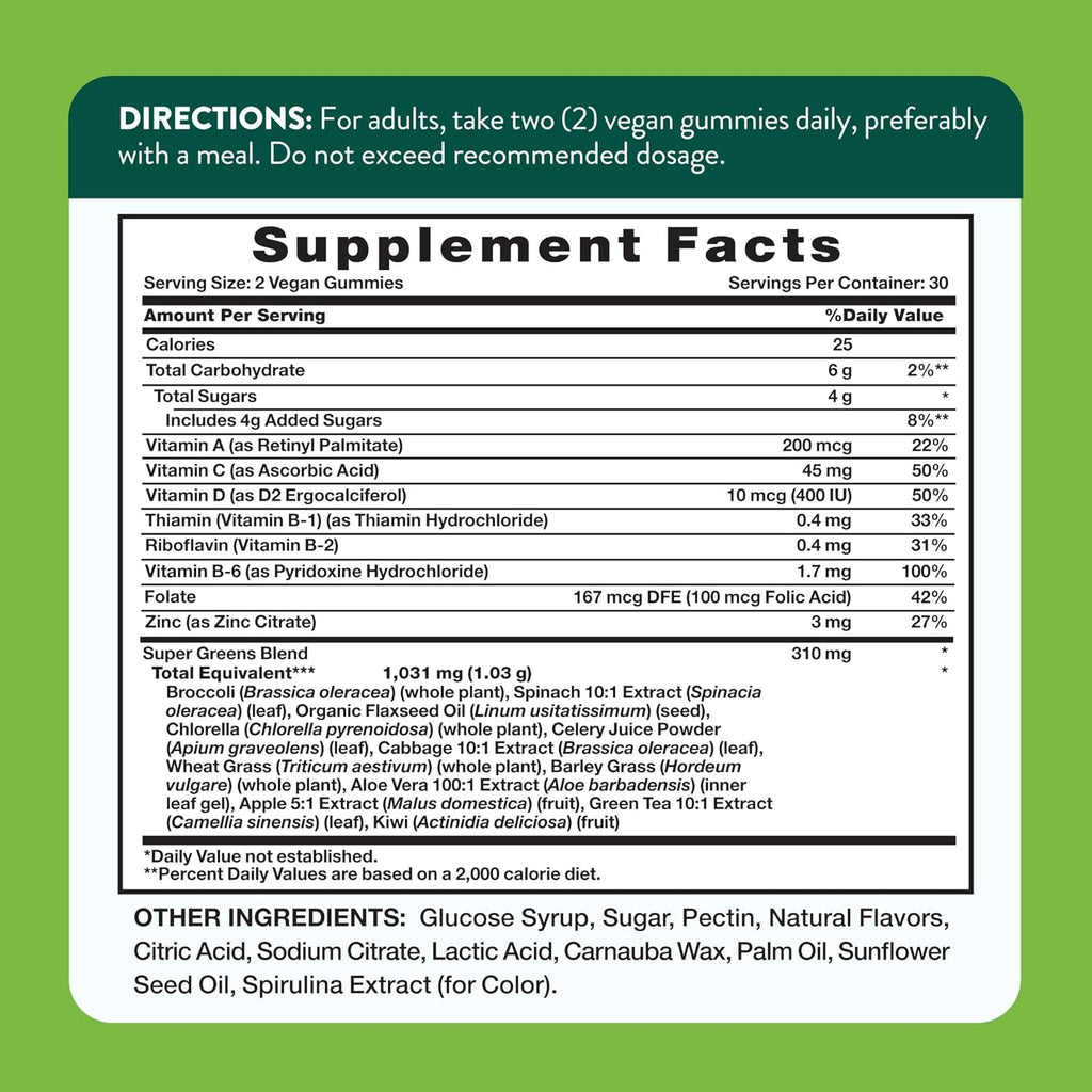 Nature'S Truth Super Greens Gummies | 60 Count | Vegan & Non-Gmo Supplement | Made with Real Greens | Apple Flavor