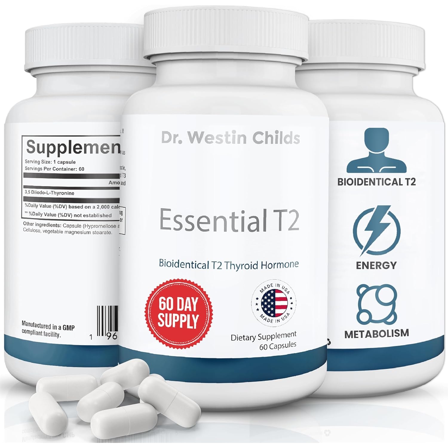 Dr. Westin Childs Essential T2 - T2 Thyroid Support Supplement with Bio-Identical 3,5 Diiodo-L-Thyronine for Hypothyroidism, Hashimoto'S, Thyroidectomy & Rai, Non GMO, 60 Day Supply