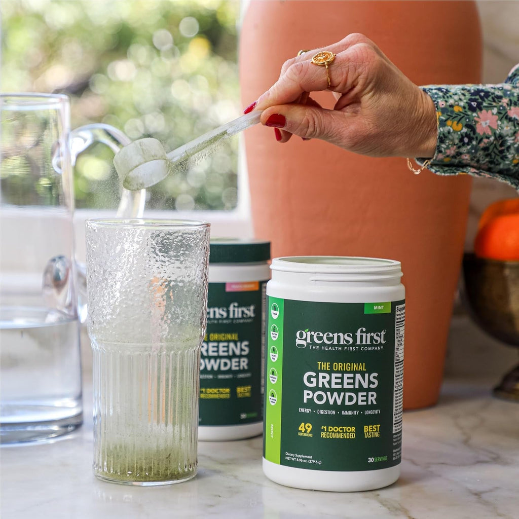Greens First Original Greens Powder - 49 Superfoods - Organic Fruits & Veggies - Prebiotics, Probiotics & Digestive Enzymes - Antioxidant Smoothie - Dairy Free, Vegan & Non-Gmo (Mint, 30 Servings)