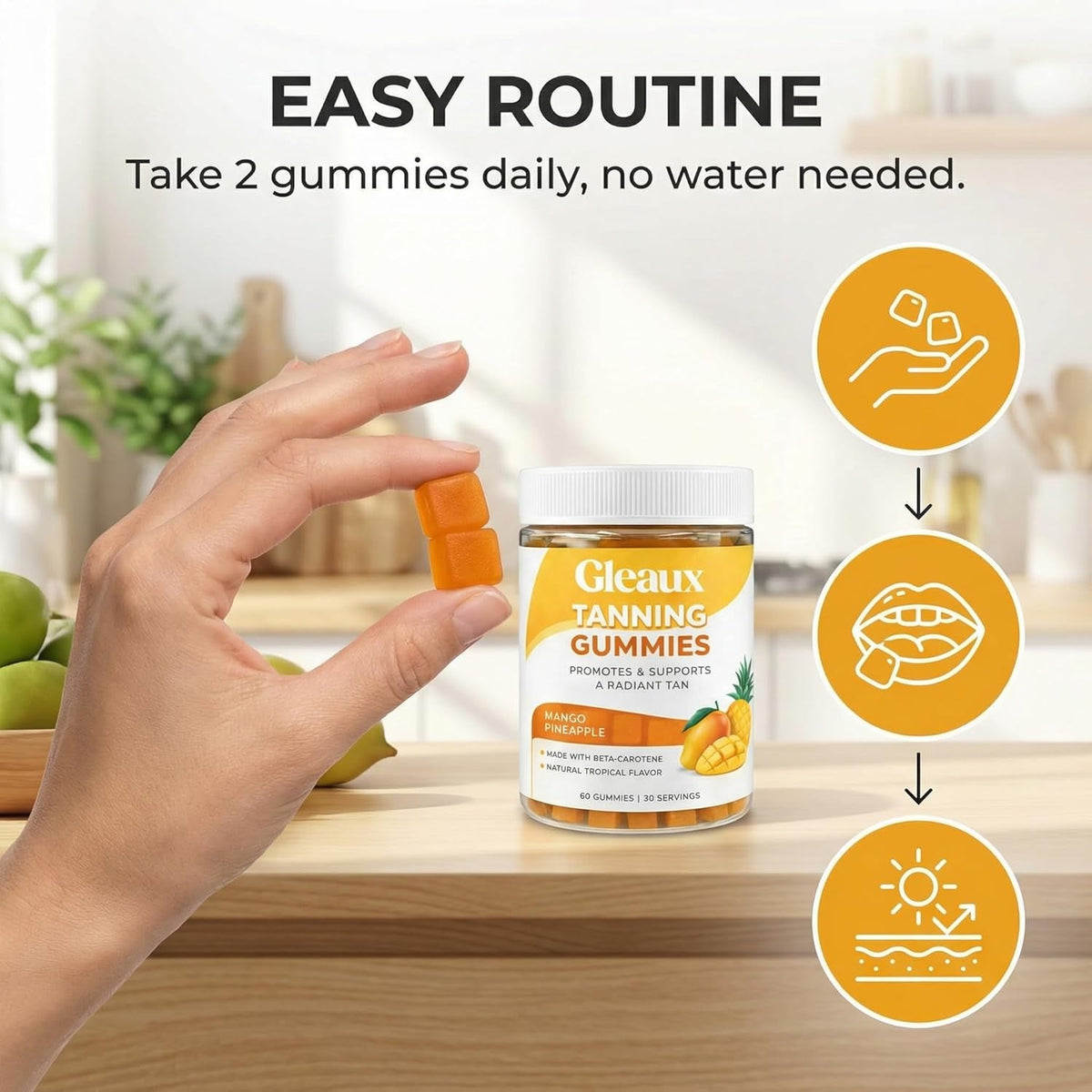 Gleaux Tanning Gummies, Tanning Gummies for Women, Sunless Radiance Support with Beta Carotene, Astaxanthin & Lycopene, for Skin Health & Complexion Support, Mango Pineapple Flavor, 60 Gummies