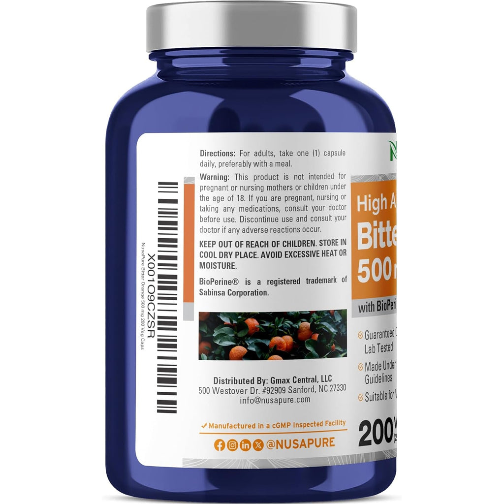 Nusapure Bitter Orange - Suitable for Vegetarian/Vegan, Non - GMO - 500Mg 200 Capsules
