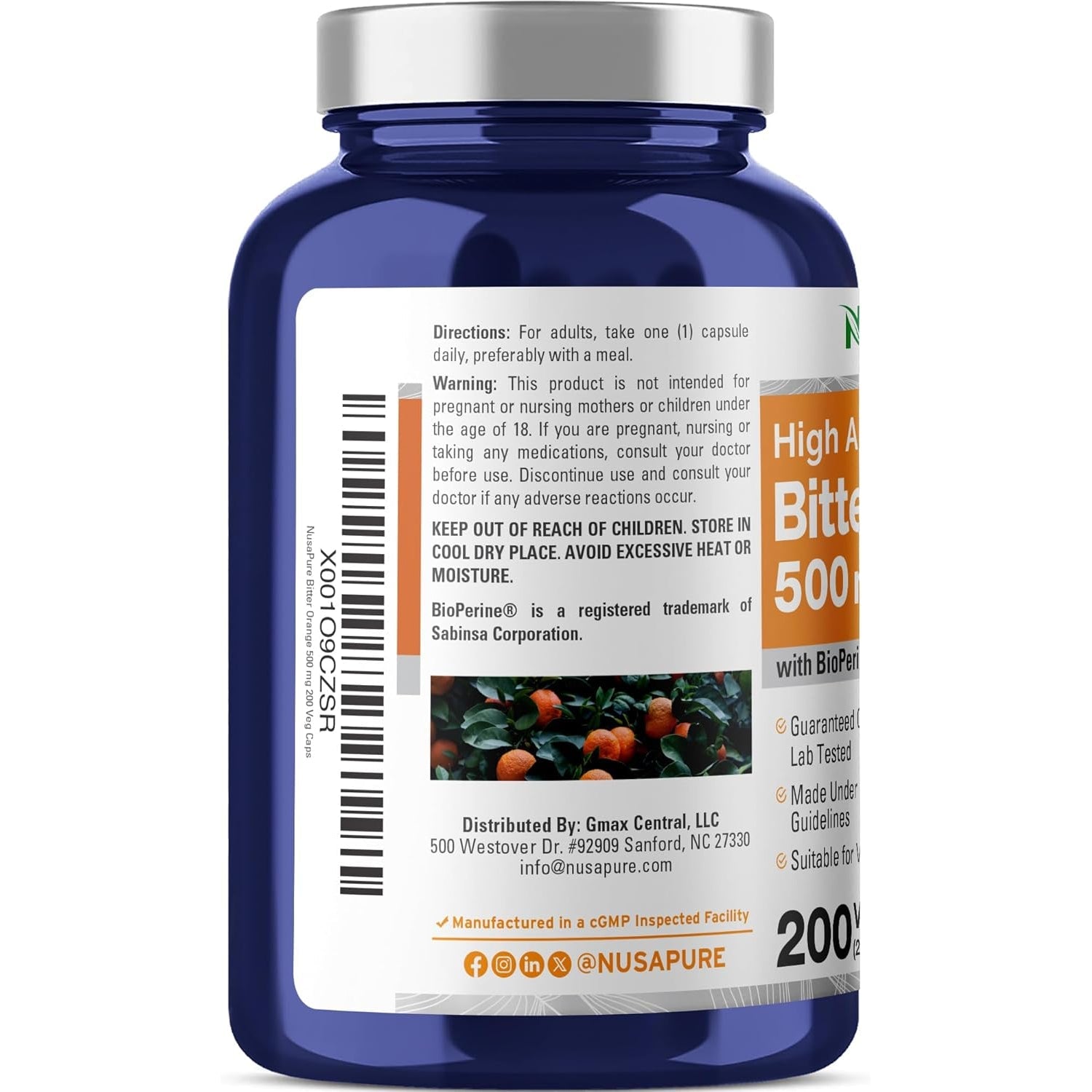 Nusapure Bitter Orange - Suitable for Vegetarian/Vegan, Non - GMO - 500Mg 200 Capsules