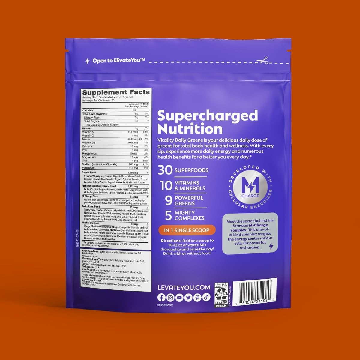 L'Evate You Vitality Daily Greens Powder (28 Servings) 30 Superfoods, 9 Greens - for a Cellular Energy Boost, Powered by M-Charge Complex for All Day Energy (Chocolate)