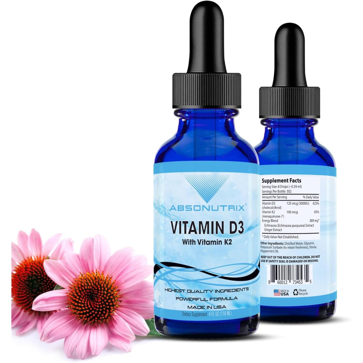 Vitamin D3 K2 Drops, 390Mg, 4 Oz Liquid, 302 Servings, Made in USA, Quick Absorption, Quality Potent Ingredients, Non-Gmo, GMP Certified, Cruelty-Free Products, Bone Strength Supplements