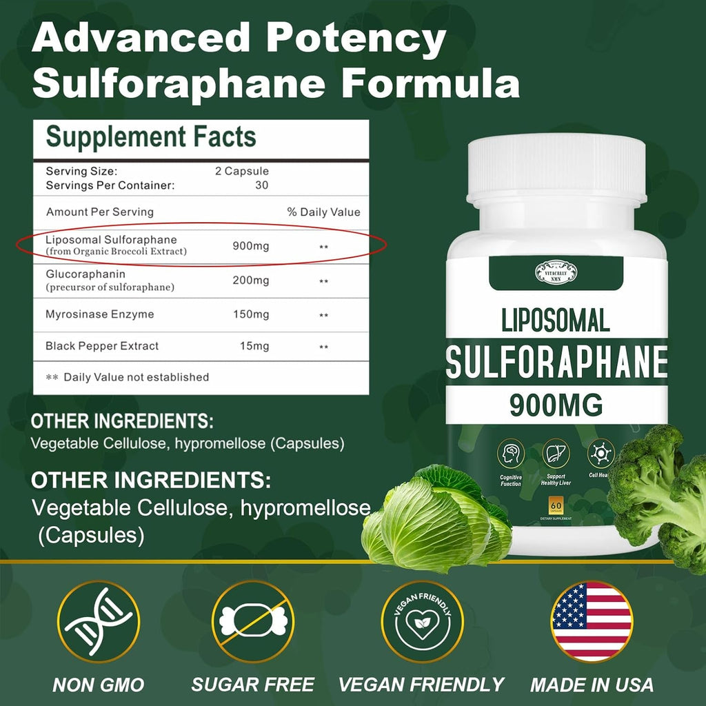 900MG Liposomal Sulforaphane Supplement Broccoli Extract, Liver Supplement for Antioxidant, Digestion, Cellular Health 60 Capsules