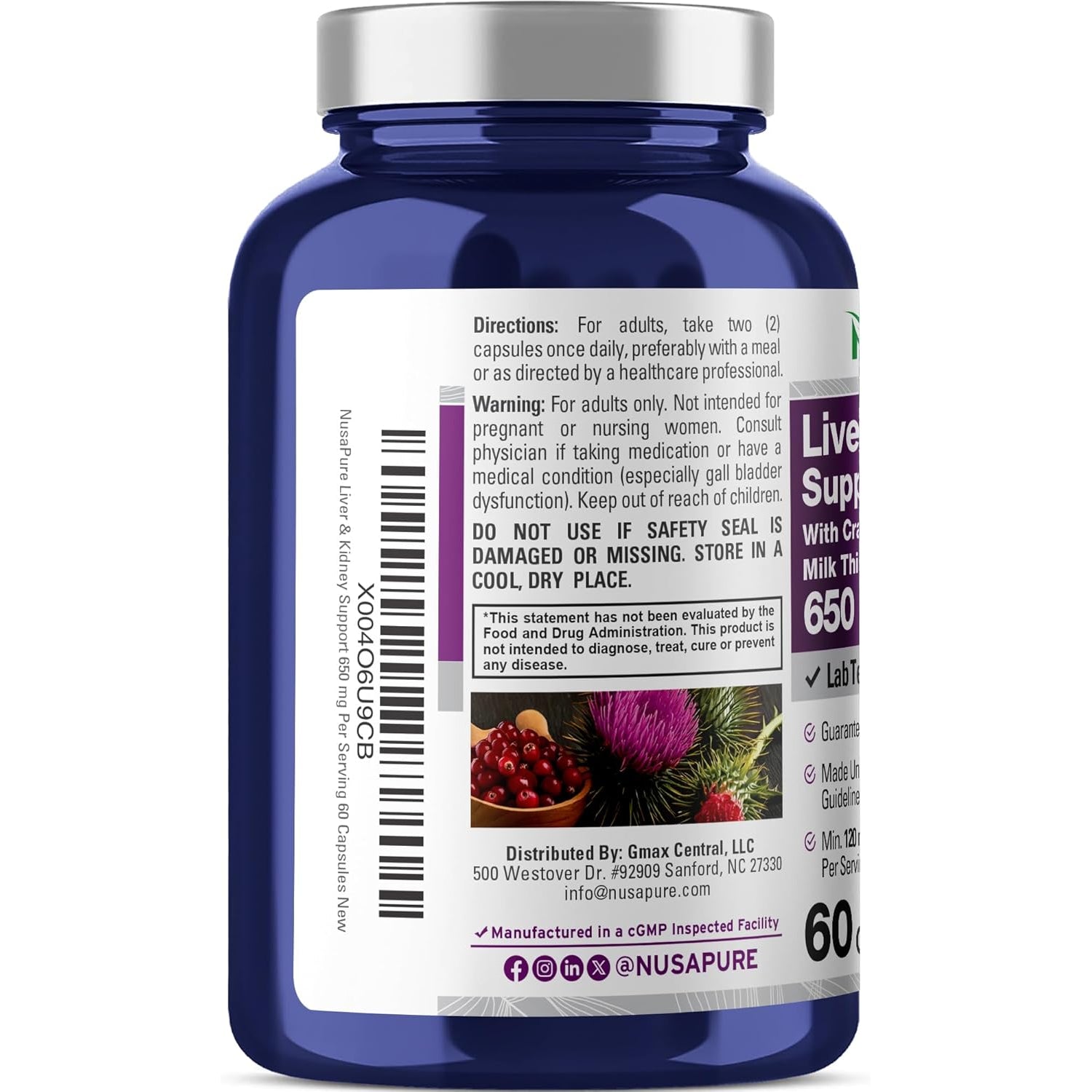 Nusapure Liver & Kidney Support with Cranberry Fruit & Milk Thistle Extract 650 Mg 60 Capsules Non-Gmo Soyfree Dietary Supplement