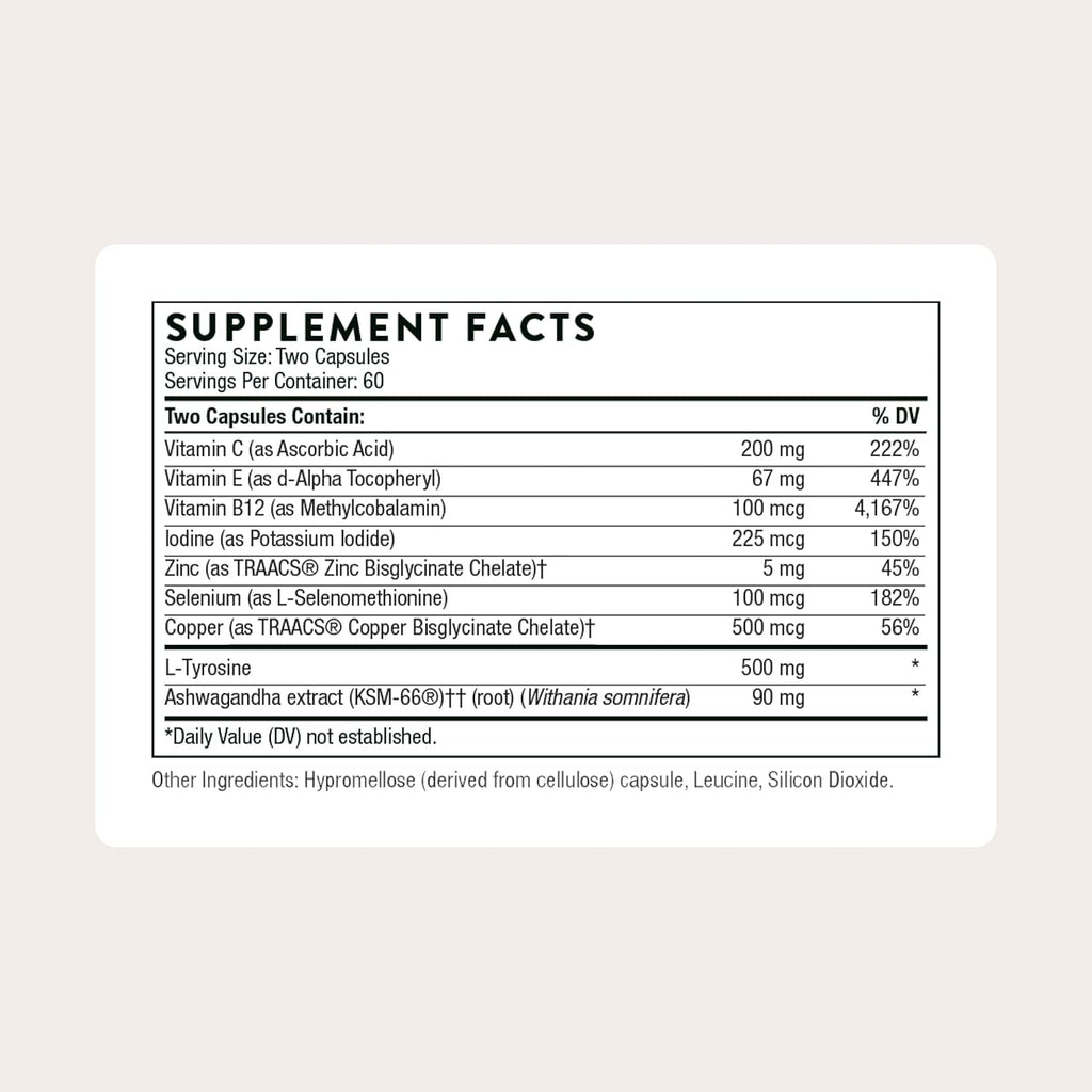 THORNE - Thyroid Health Complex - Thyroid Cofactors for Thyroid Function Support* - Vitamins B12, C & E, Ashwagandha, Iodine, Zinc, Selenium, Copper & L-Tyrosine - Third-Party Certified - 120 Capsules