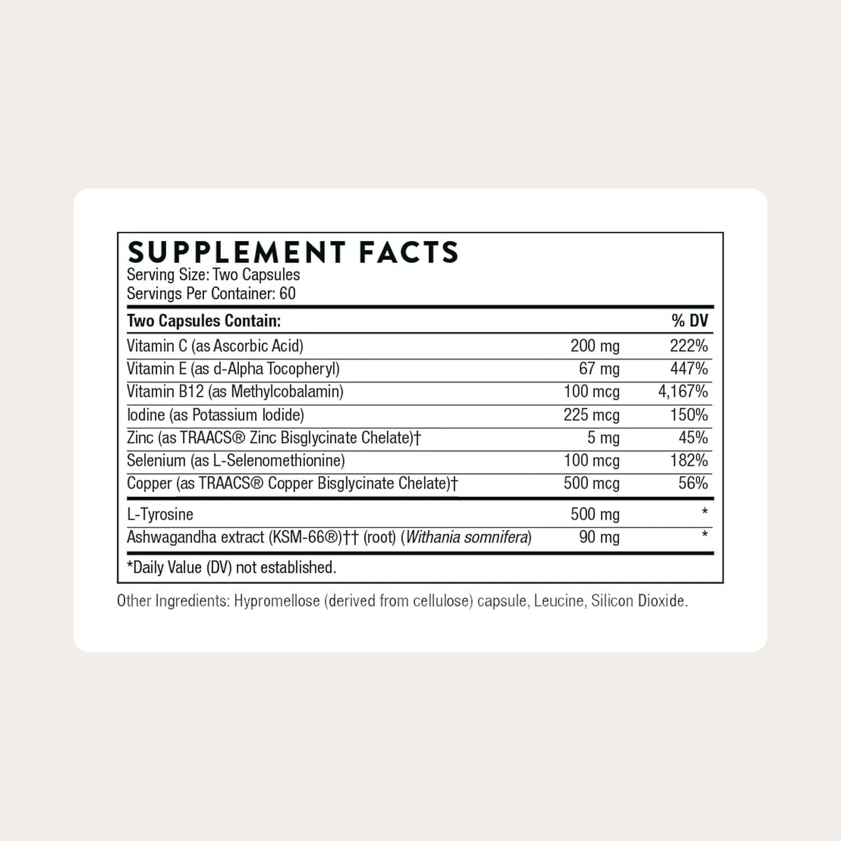 THORNE - Thyroid Health Complex - Thyroid Cofactors for Thyroid Function Support* - Vitamins B12, C & E, Ashwagandha, Iodine, Zinc, Selenium, Copper & L-Tyrosine - Third-Party Certified - 120 Capsules