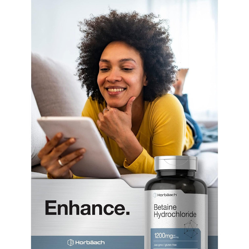 Horbäach Betaine Hcl 1200Mg | 180 Capsules | Betaine Hydrochloride Supplement | Non-Gmo, Gluten Free