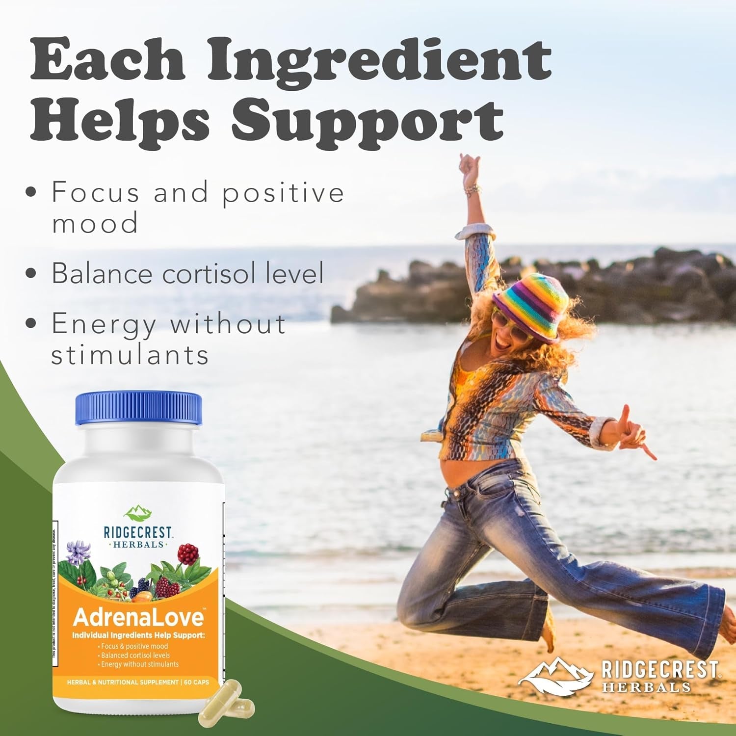 Ridgecrest Herbals Adrenalove, Stress and Energy Support Supplement (60 Vegan Caps, 30 Serv)