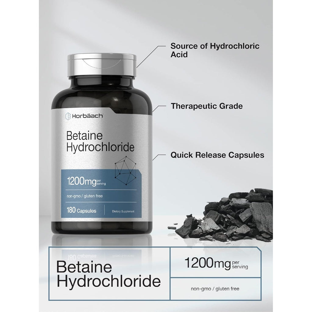 Horbäach Betaine Hcl 1200Mg | 180 Capsules | Betaine Hydrochloride Supplement | Non-Gmo, Gluten Free
