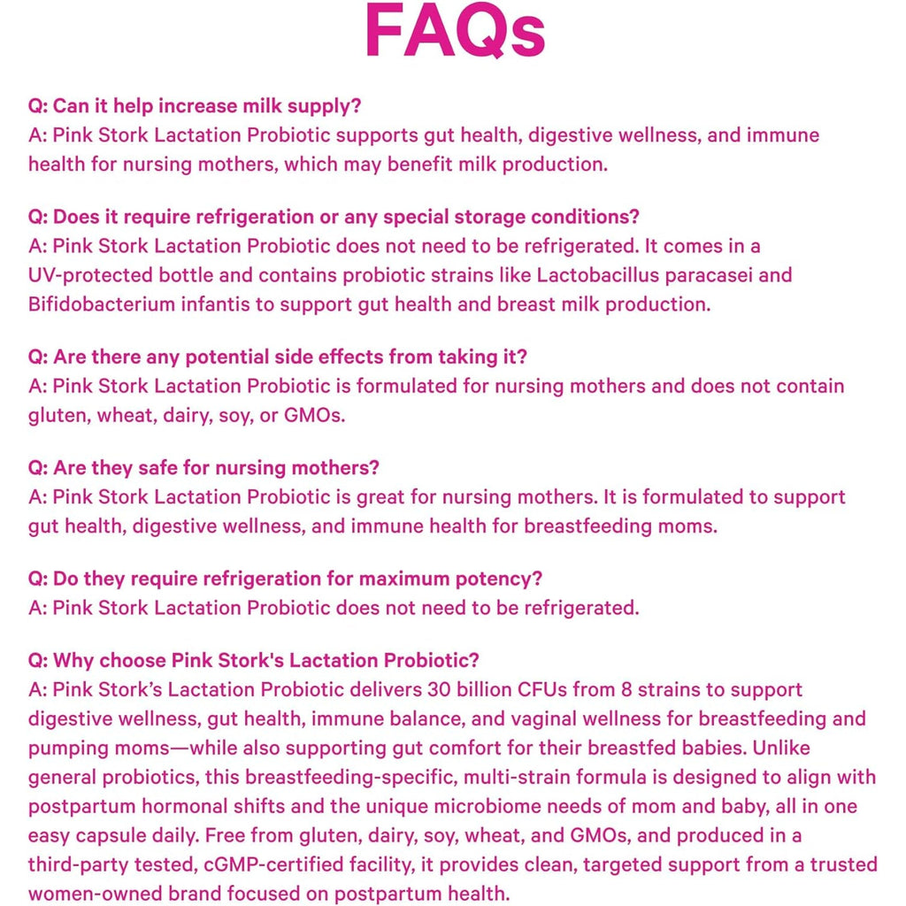 Pink Stork Lactation Probiotic - 30 Billion Cfus Multi Strain Postnatal Probiotics for Breastfeeding Women - Support Breast Milk & Gut Health, Postpartum Essentials, 30 Capsules