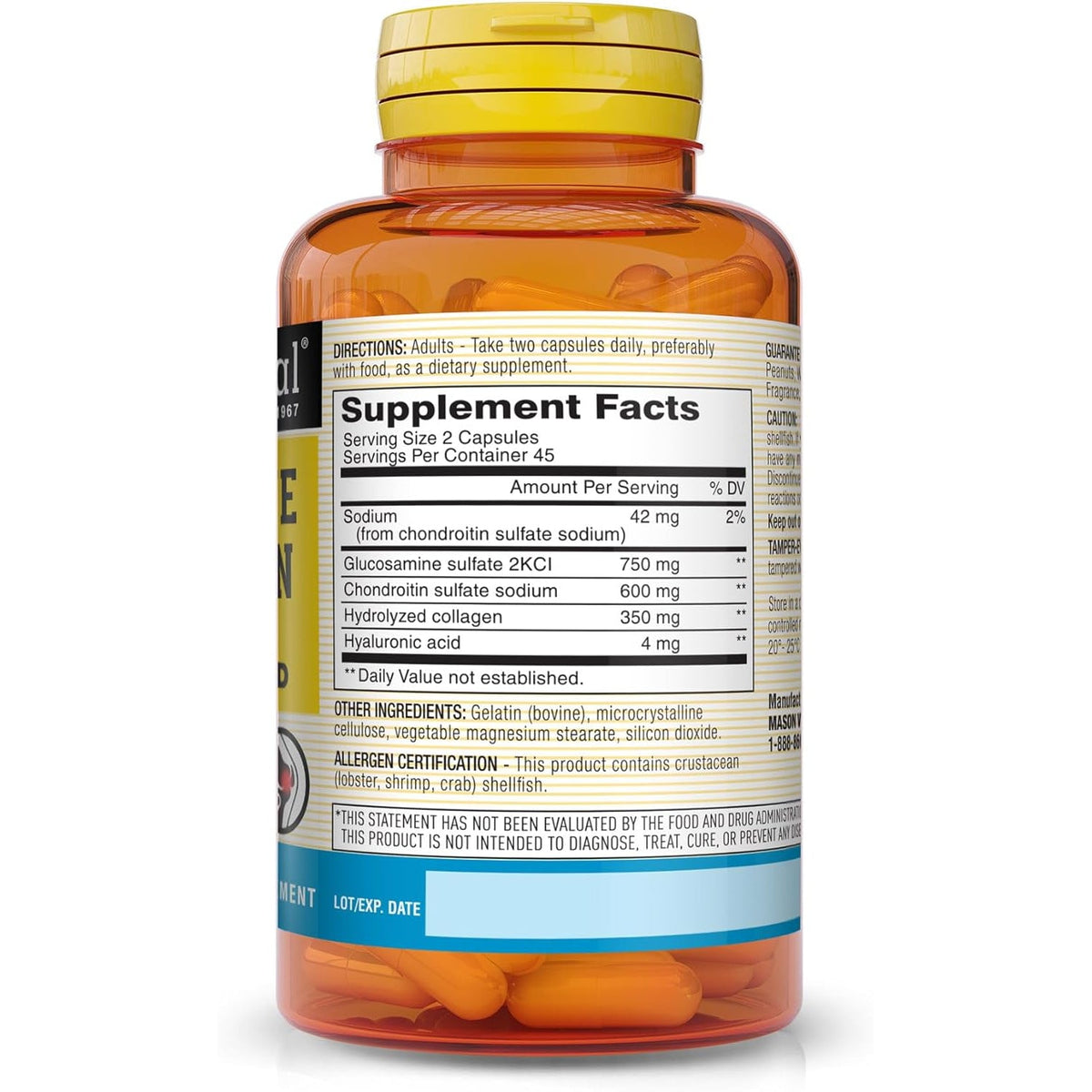MASON NATURAL Glucosamine Chondroitin with Collagen & Hyaluronic Acid, 45-Day Supply Capsules for Normal Joint, Mobility, Flexibility, & Aging Support, 90 Capsules