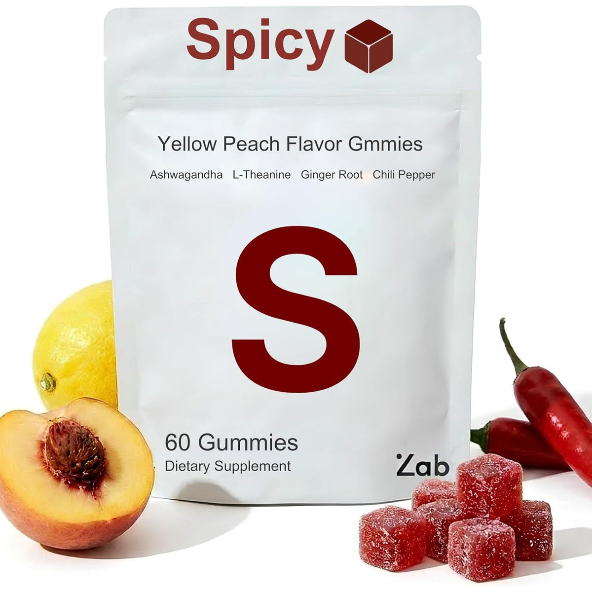ZAB Spicy Gummies Ashwagandha 45Mg with L-Theanine & Caffeine – Energy, Calm & Mood Support Gummies for Couples – Vegan Yellow Peach Flavor Cubes, 60 Count