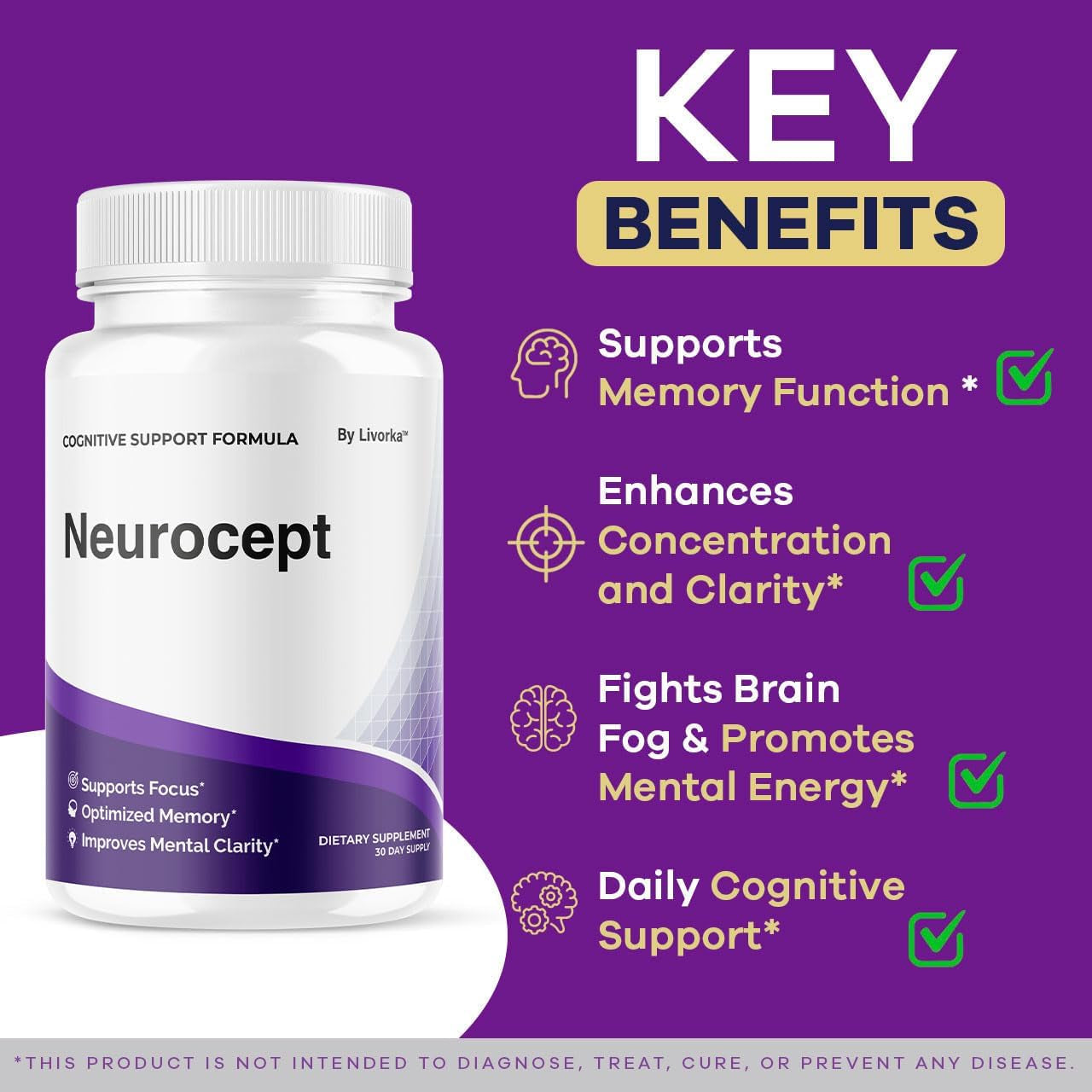Neurocept Brain Supplement Capsules - Official Neuro Cept Brain & Memory Focus Support Advanced Formula, Neurocept Pills Daily Support for Overall Health & Wellness, 60 Capsules for 1 Month