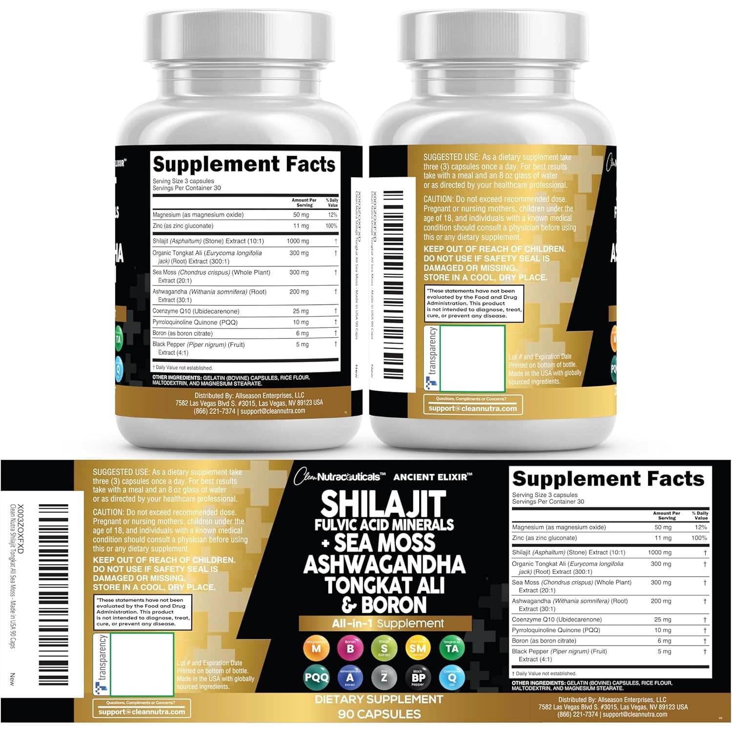 Clean Nutraceuticals Shilajit Supplement for Men with Sea Moss, Tongkat Ali, Ashwagandha, Boron, Zinc, Coq10, PQQ - Fulvic Acid Capsules - Energy Support - 90 Count - Resin, Gummy & Powder Alternative