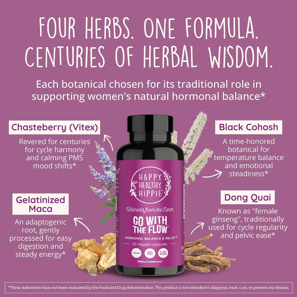 Happy Healthy Hippie Hormone Balance for Women — PMS Support & PMDD, Mood, Cycle Regularity — Chasteberry Supplements with Maca, Dong Quai, Black Cohosh — Vegan, Non-Gmo, 60 Capsules