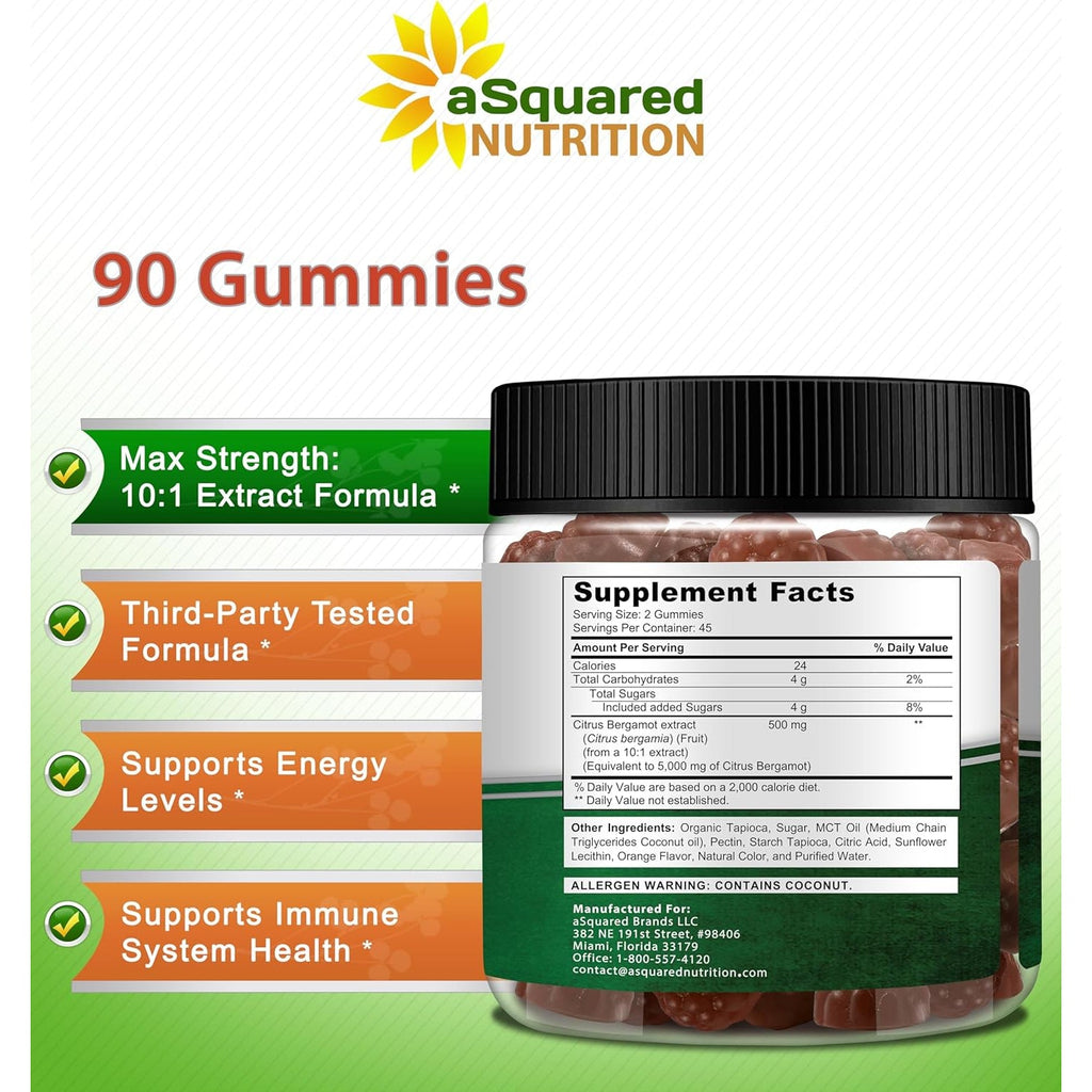 Asquared Nutrition Citrus Bergamot Gummies - Citrus Bergamot Extract Supplement 500Mg per Serving - Pure Gummy Alternative to Capsules & Pills