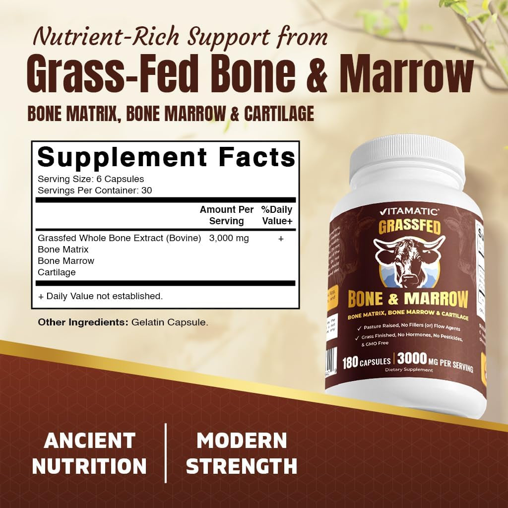Vitamatic Grass-Fed Beef Bone & Marrow 180 Capsules – Freeze-Dried, Non-Gmo, Bovine Liver Supplement – Pasture-Raised, Glandular-Based Formula