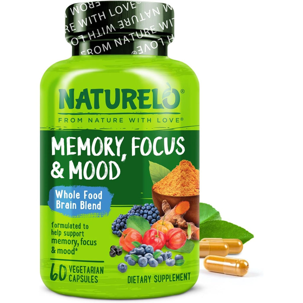 NATURELO Whole Food Brain Supplement - Brain Health Supplements for Memory & Focus Support - Enhance Brain Health Blend Supplement for Adults - 60 Vegetarian Capsules