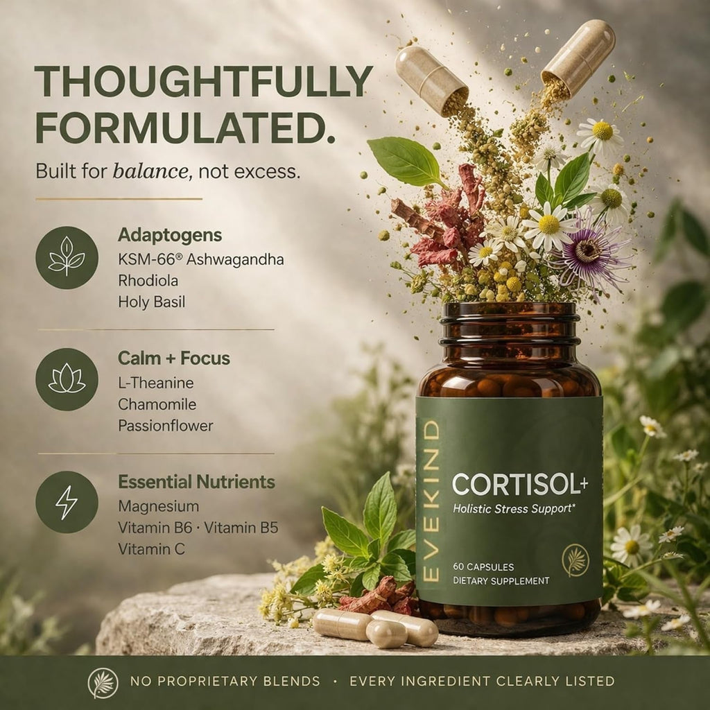 EVEKIND Cortisol Supplement for Women | Stress Support for Mood, Energy & Hormone Balance | Calm, Focus & Daily Reset | Adaptogen Blend with KSM-66® Ashwagandha, Rhodiola, L-Theanine | 60 Capsules